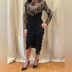 Vintage 1980’s TADASHI Black Chiffon Dress Floral Lace Ruched Women’s Size 8